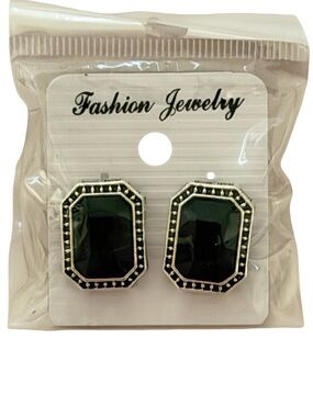 Fashion Jewelry Emerald Cut Black Gem Silver Tone Stud Earrings